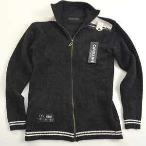 Cavellini Fuzzy‎ Knit Zip Up Sweater Mock Neck Black White Trim Small